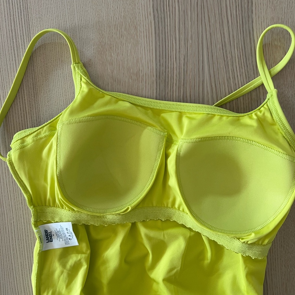 Land’s End Neon Women's Tugless Thin Strap One Piece Swimsuit in Sunlight Lime - Picture 3 of 7